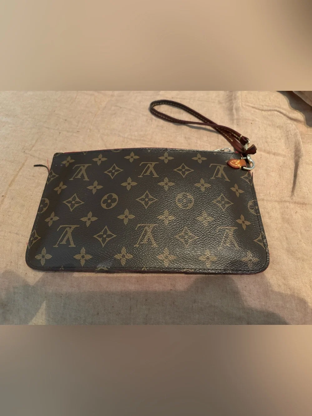 Louis Vuitton Classic Monogram Neverfull Pouch Wristlet - Cerise (Cherry Red)